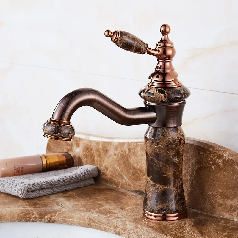 

American-Style Copper Marble Brown Bronze Wash Basin Hot and Cold Faucet