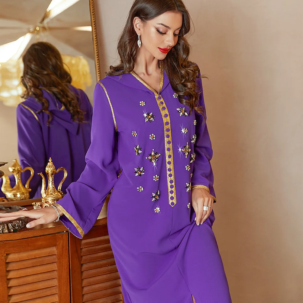 Eid Mubarak Purple Abaya Dubai Turkey Islam Muslim Arabic Long Dress Kaftans for Women Robes De Soiree Djellaba Femme Musulmane