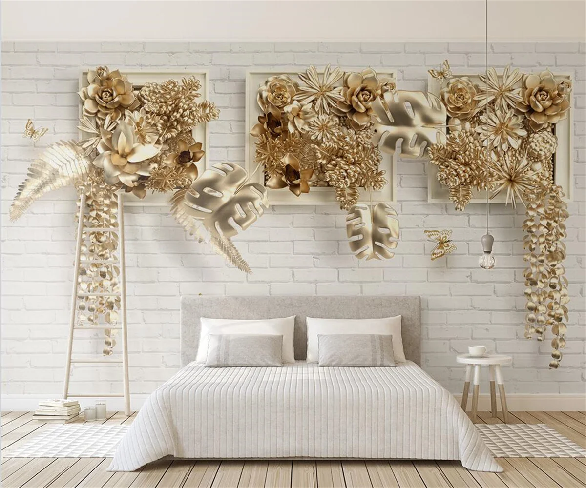 

Customized large photo mural wallpaper gold embossed leaves 3d stereo brick wall TV background wall decoration 3d wallpaper
