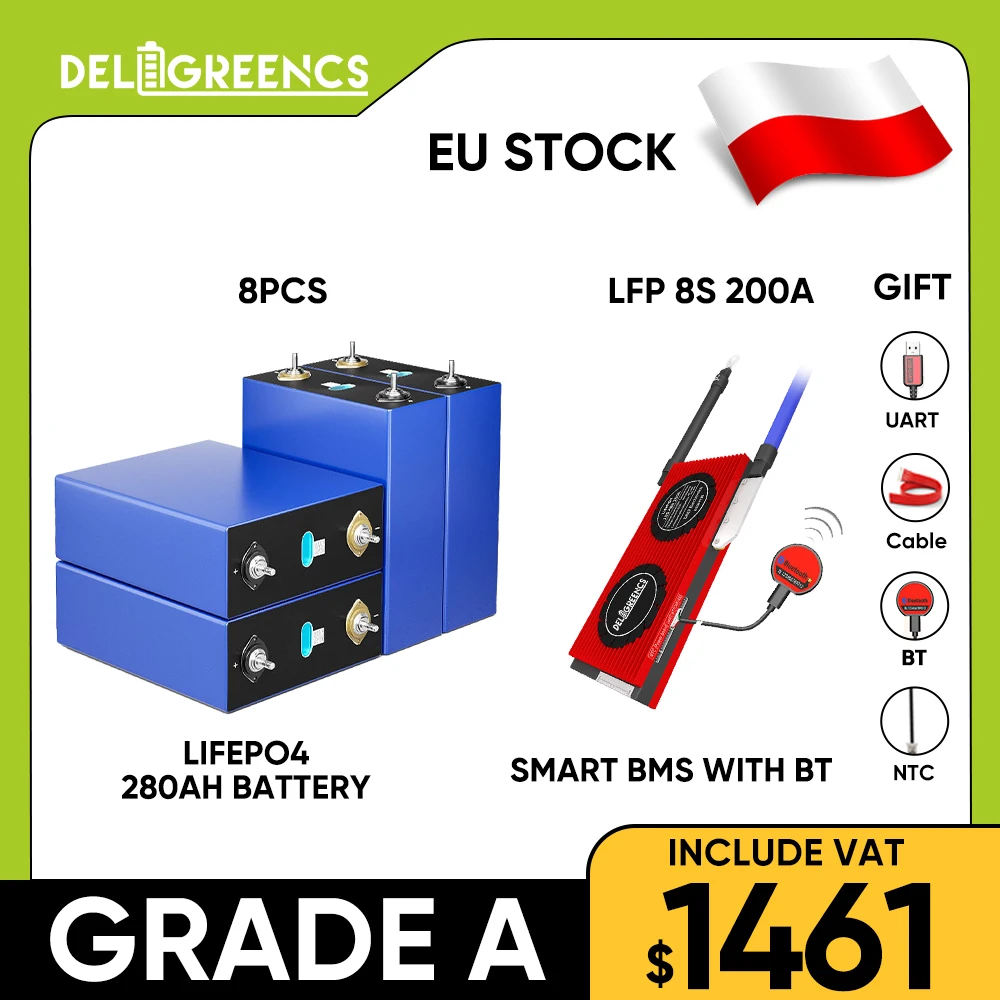 

Grade A 24V LiFePO4 280AH Battery with LFP 8S 200A Smart BMS Bluetooth Prismatic for 48V 10KW 15KW 20KW Solar ESS EU US TAX Free