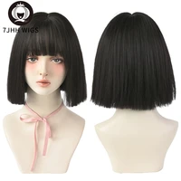 7jhh wigs black straight short bob synthetic wig for girl daily wear crochet hair new style natural heatresistant wig with bang