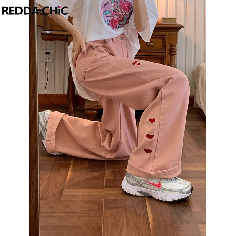 

REDDACHiC Cute Heart Y2k Jeans Korean Streetwear Pink Pants for Women Wide Leg High Rise Casual Fairycore Grunge Long Trousers