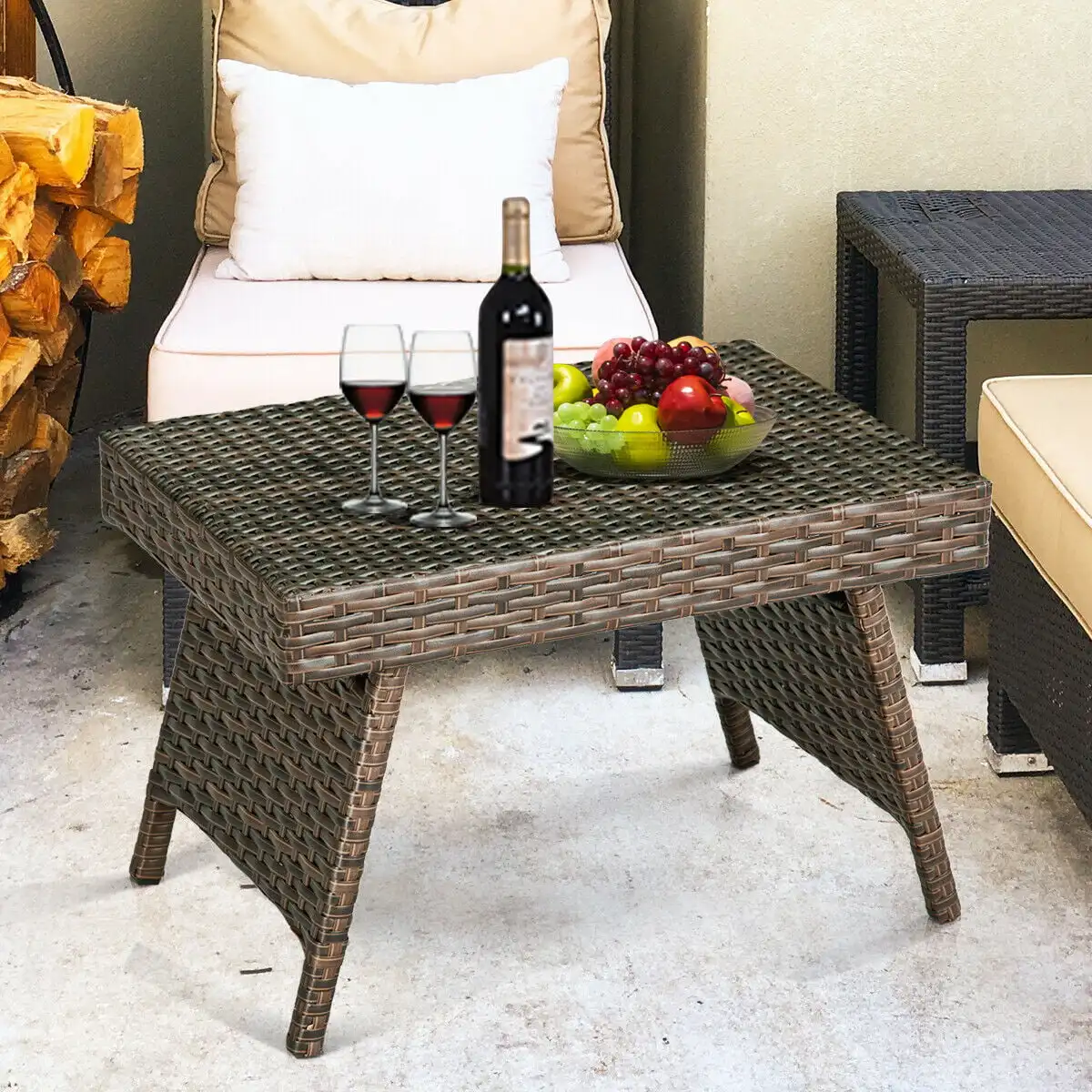 

Costway Patio Folding Wicker Side Coffee Table Poolside Garden Lawn Bistro Furniture