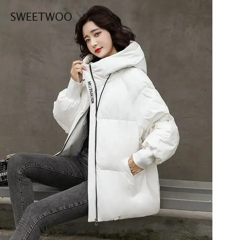 Korean Style 2022 Winter Jacket Parkas Women Stand Collar Solid Black White Female Hood Coat Loose Oversized Womens Short Parka