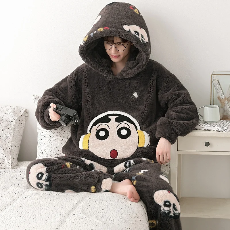 Men's Pajamas Autumn and Winter Coral Fleece Warm Crayon Xiaoxin Flannel Youth Casual Home Wear Can Be Worn outside
