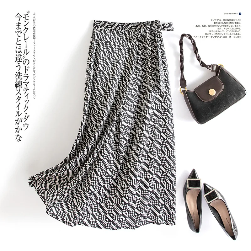 

Heavy Smooth Satin Surface Silk Skirt 2022 Summer New Long Print Joker Silk Bag Hip Skirt Mulberry Silk Skirt Knee Length OL