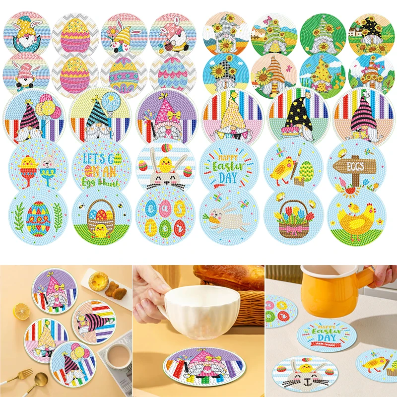 

6-15Pcs DIY Diamond Painting Coaster Easter Gnome Bunny Drink Cup Cushion Non-slip Table Placemat Insulation Pad Kitchen Decor