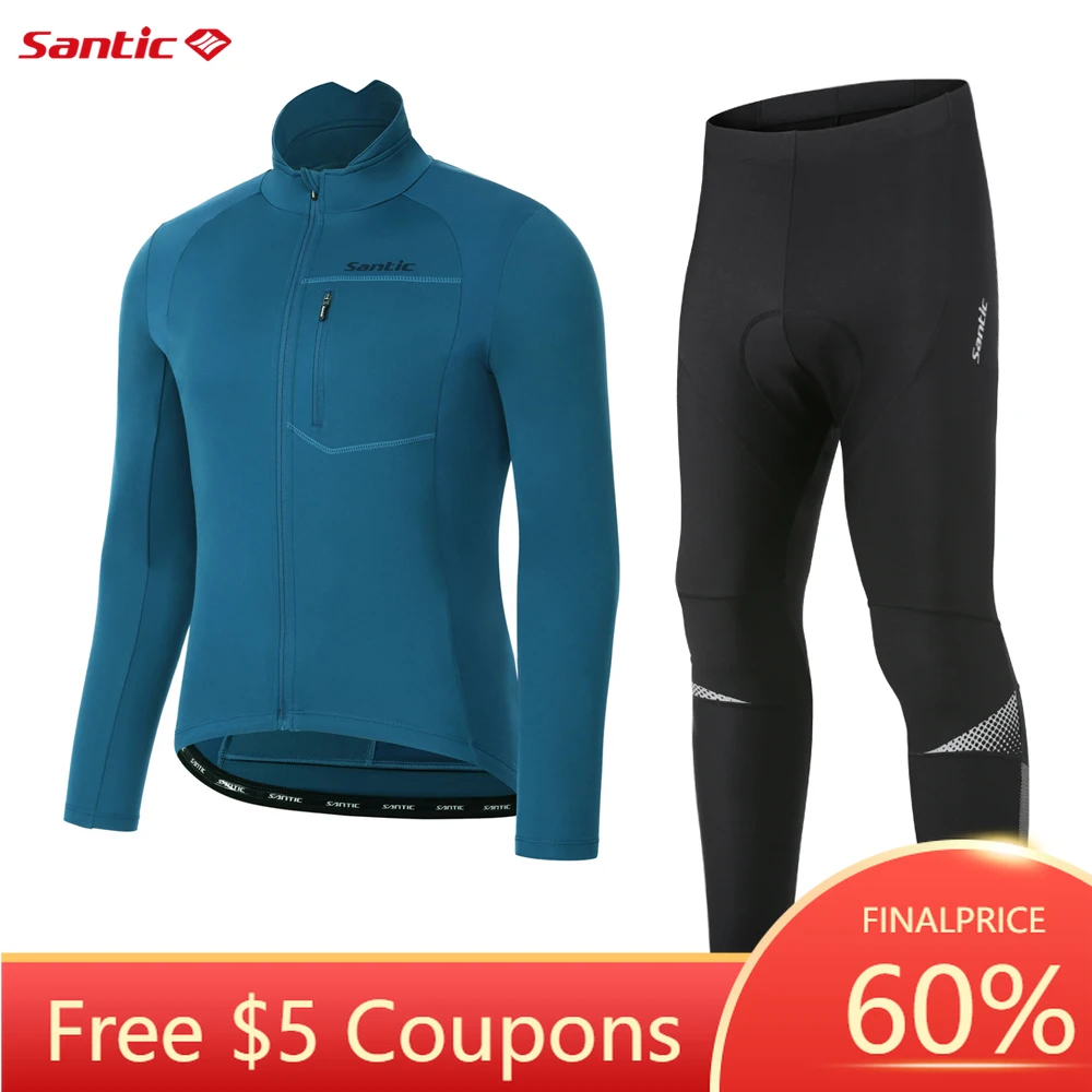 

Santic Men's Cycling Suit Winter MTB Cycling Jackets Long Pants Fleece Warm Mountain Bike Sports Clothes Windproof Reflective