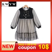 kwvw 4 16 year girls dresses new spring long sleeve kids clothes polka dots lantern sleeve lace children leisure gauze skirt