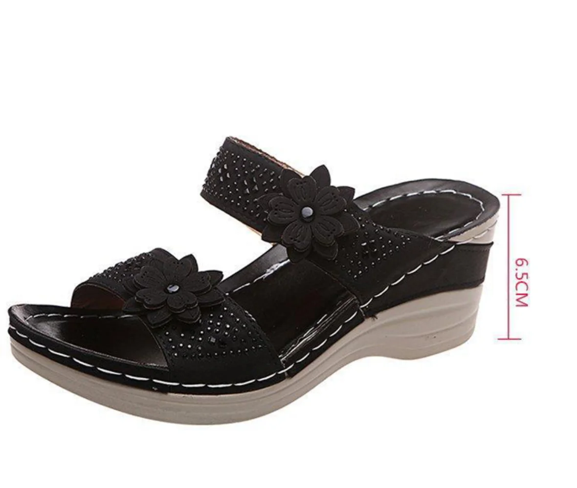 Women's Wedge High Heeled Slippers Retro Casual Flower High Heeled A Word Type Women's Fashion Slope with Slippers