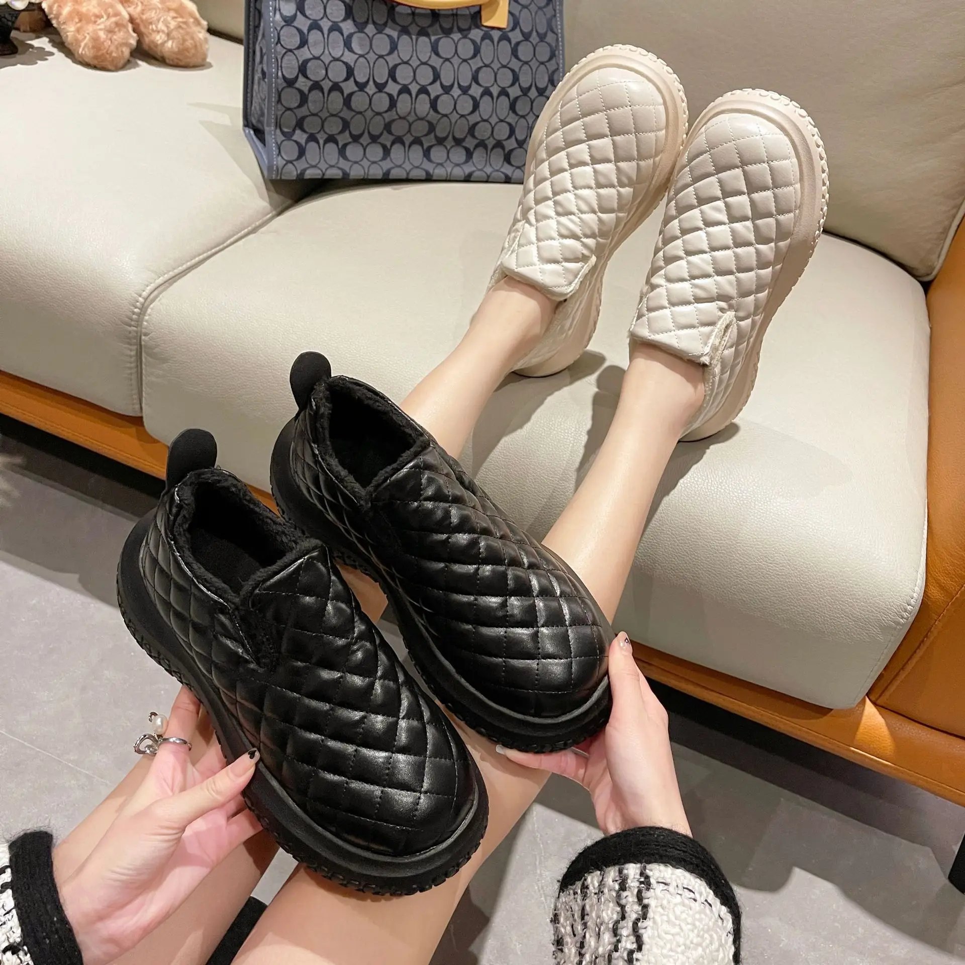 Women Flat Shoes  Boots PU Solid Color Short Plush Round Shape Thick Bottom Keep Warm Waterproof and Non Slip