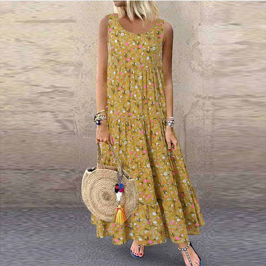 

Casual Loose Bohemian Floral Print Long Women Elegant Robe Dresses Summer Sleeveless Frill Maxi Dress Ladies Holiday Beach Dress