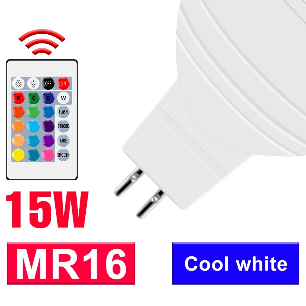 

Светодиодная RGB-лампа 15 Вт E27 220 В, Потолочный Светильник E14 GU10, Многоцветная Лампа Для Создания Настроения, MR16