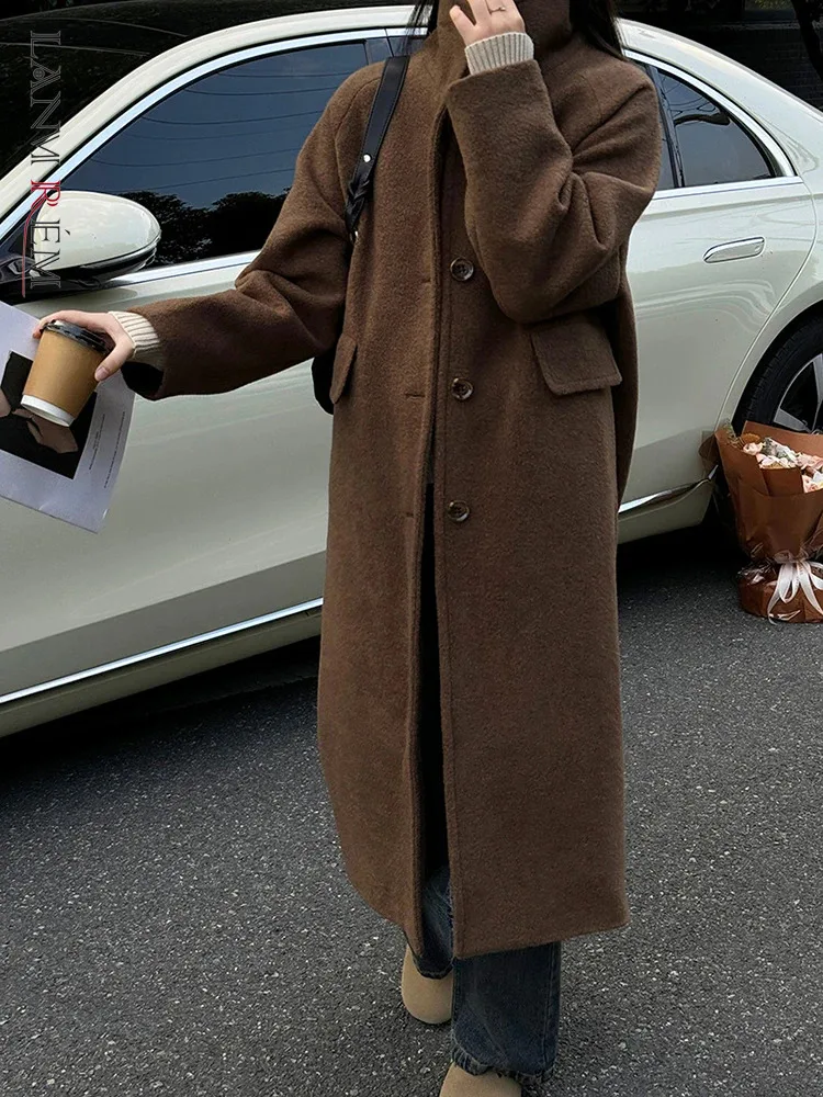

LANMREM шерстяное зимнее теплое длинное пальто для женщин, однобортное однотонное пальто с карманами и лацканами, модная женская одежда, новинка 2023, 2AA4041