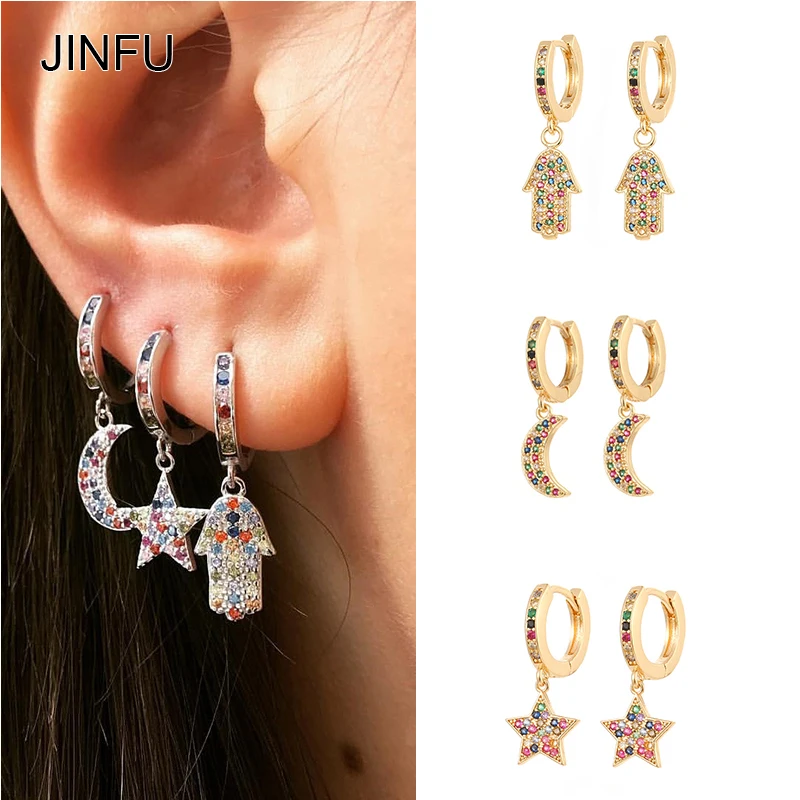 

JINFU Gold Silver Filled Drop Earrings for Women Color CZ Zircon Piercing Hamsa Hand Star Moon Dangle Earrings 2022 Jewelry