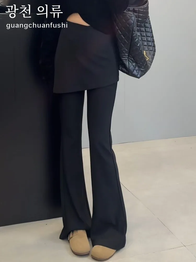 Большие размеры корейские брюки из двух частей черные повседневные с высокой