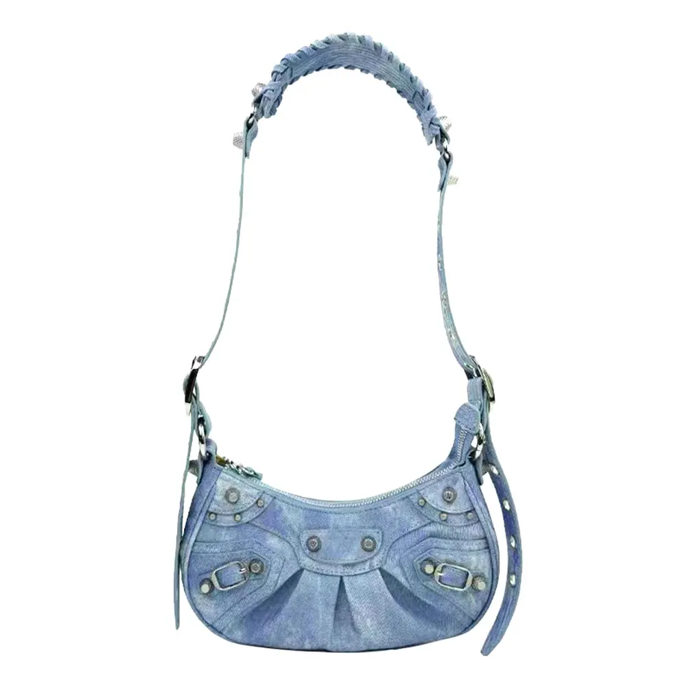 

Great Deal 2023 Denim Light Blue y2k Style Shoulder Bags Gothic Fashionable Rivets Crossbody Purse Women Moto Biker Underarm Bag