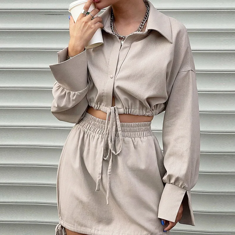

Autumn Winter Women Ins Long Sleeve Shirt Top + Drawstring Waist Skirt Two Piece Set Fashion Casual Suit Set Outfits Tracksuit