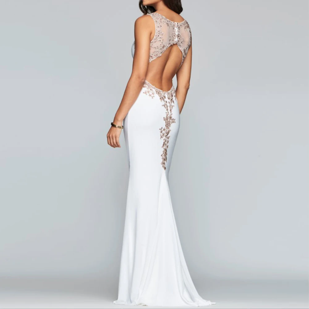 

EAEOVN White Evening Dress Delicate Beaded Applique Mermaid Evening Gown Backless Illusion Sweep/Brush Trumpet Formal Party Gown