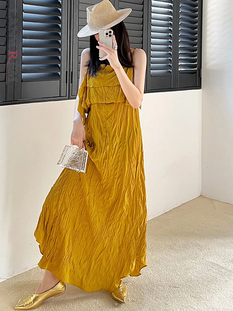

LANMREM праздничное стильное платье на бретелях тонкие французские нишевые плиссированные длинные летние платья женская модная одежда желтый...