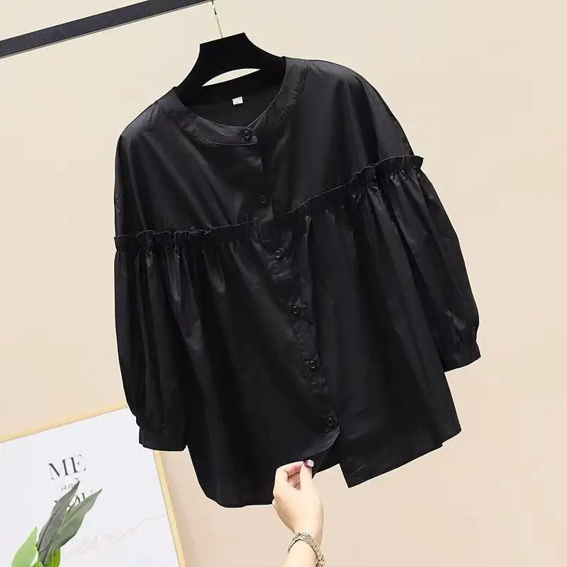 

Spring And Summer New Women's Korean Fashion Casual Stand Collar Striped Shirt Women's Versatile Slim 9/4 Sleeve Lace Shirt