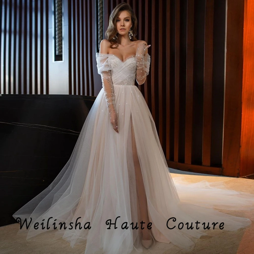 

Weilinsha High Slit Ivory Bridal Gowns 2022 Soft Tulle Split Wedding Dresses for Marriage Off Shoulder Fashion Robe De Mariée
