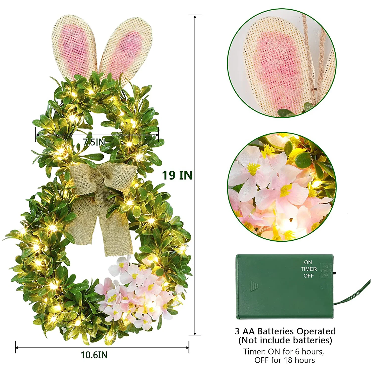 

11x19 Inch Pre-lit Greenery Wreath, Powered with LED Light & Timer, Window for Spring Easter Decoration