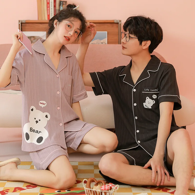 Short Sleeve Sleepwear Couple Men and Women Matching Home Set Cotton Pjs Cartoon Prints Leisure Nightwear Pajamas for Summer