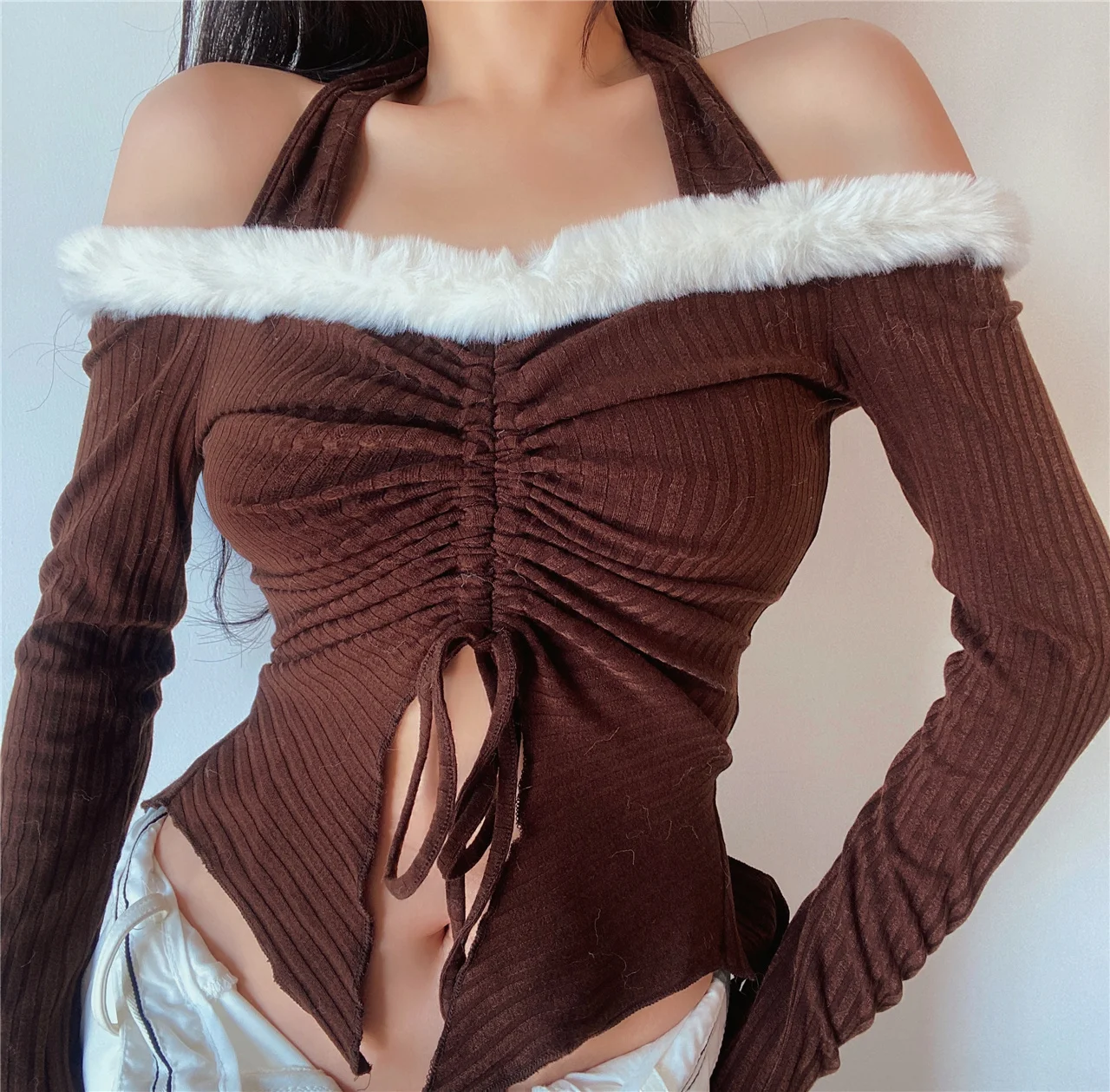 

New TVVOVVIN 2021 Winter Fashion Slash Neck Hair Collar Slim Drawstring Pleated Long Sleeve T-shirt Tees Hot Sexy Korean J0E5
