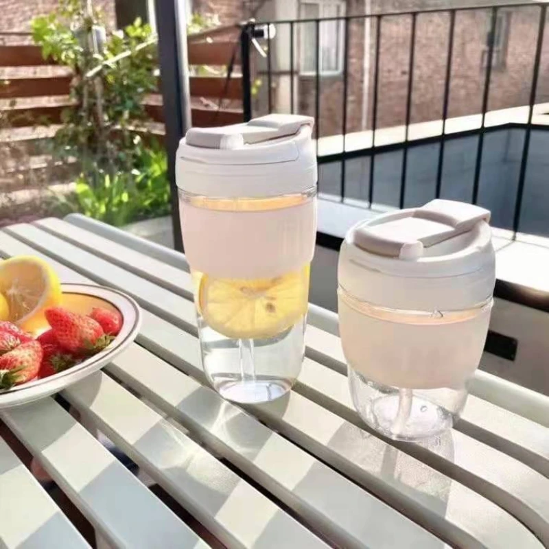 

Simple Bean Cup Creative Large Capacity Plastic Water Bottle with Cover Straw Portable Outdoor Transparent Drink Cup with Rope