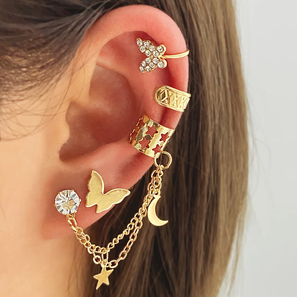 

Retro Cute Diamond Butterfly Cutout Star Ear Clips Women 2022 Gold Color Metal No Piercing Earrings for Girls Fashion Jewelry
