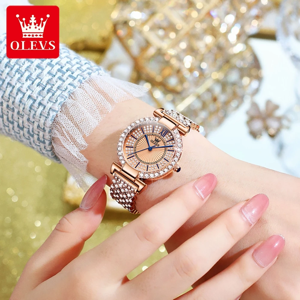 OLEVS Women's Watches Fashion Original Quartz Wrist Watch for Ladies Roman Dial Dazzling Diamond Waterproof Luminous Luxury New