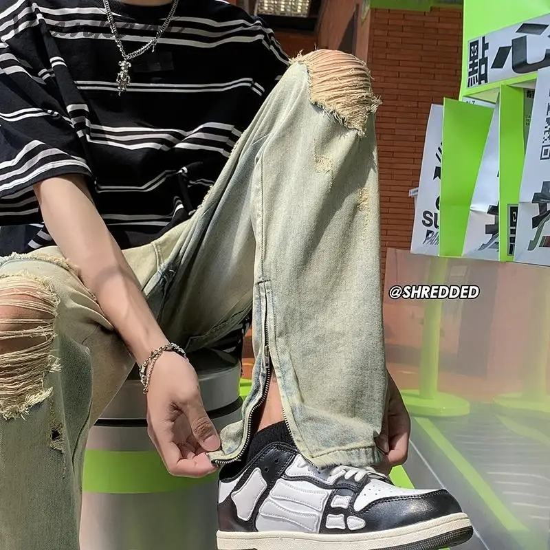 American Split Hole Jeans Men's Summer Retro High Street Straight Pants Ins Fashion Loose Thin Beggar Trousers