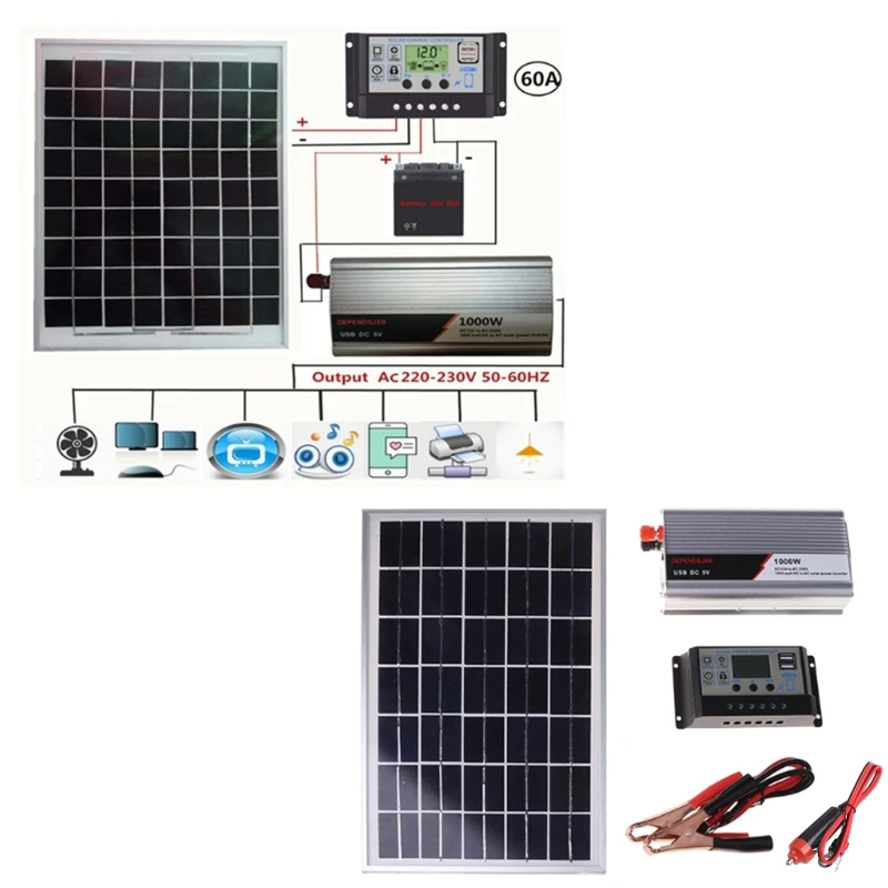 

Система питания солнечной панели 18 в 20 Вт + контроллер 12 В/24 В + инвертор 1000 Вт, В переменного тока, комплект для энергосберегающего поколения