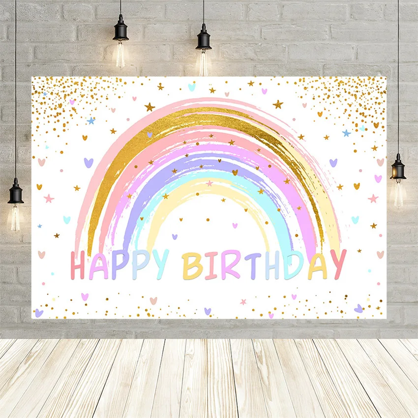 

Mehofond Happy Birthday Party Backdrop Rainbow Heart Dot for Children Presents Photography Background Props Photo Studio Banner