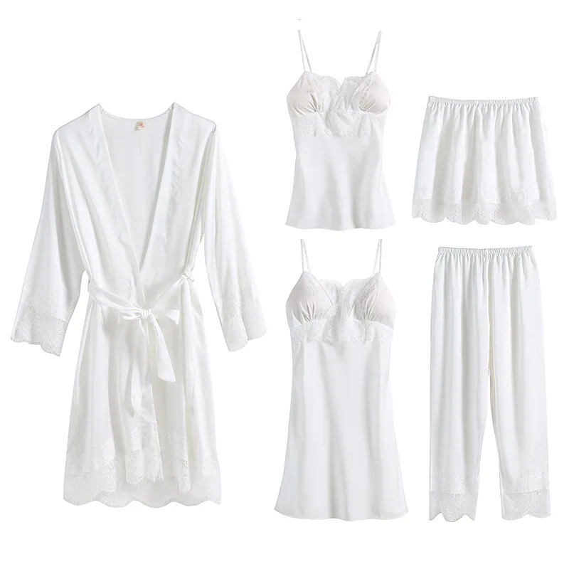 Lace Pajama Sleeveless Pyjamas Shorts Long Set Pijama Mujer Suit Women Nighties Sexy Sleepwear 5 Pieces