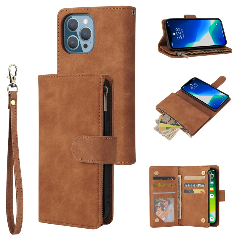 

Zipper Wallet Leather Cases for iPhone 11 12 13 Pro Max Mini Credit Card Slot Wrist Strap Magnetic Closure Built-in Kickstand