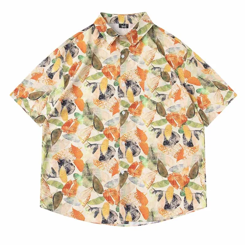

2022 Men Hip Hop Printed Casual Shirts Oversized Short Sleeves Button Up Blouse Loose Tops Harakuju