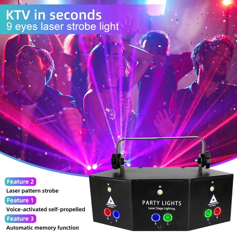 YSH 9 Eyes DMX Laser Projector Light LED Flashing Party Lamps DJ Disco Light Sound Control  Party Stage Lighting Effect for Club