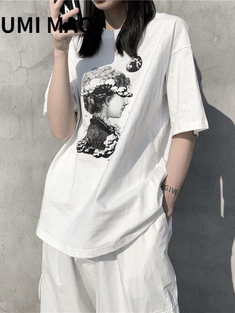 

UMI MAO Yamamoto Dark Black Summer White Design Short-sleeved Shirt Women's Printed Short-sleeved T Men Women Loose Y2K