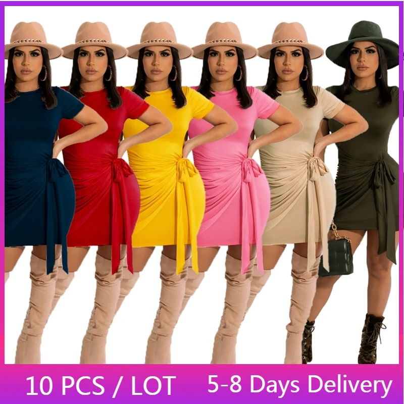

Wholesale Items Casual Summer Mini Dress Women Ruched Slim Bodycon Dress Streetwear Women Sashes Solid Bandage T-Shirt Dress