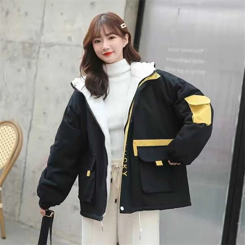 Women Korean Style Loose Warm Hooded Casual Jackets Winter Thickening Cashmere Biker Jacket Street Wear Big Pocket Windbreaker