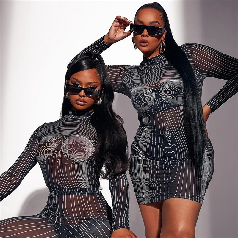 

Summer Dress Women 2022 Cover Up White Beach Female New Nightclub Sexy Spice Print Stripe Slim One Polyester CoverUp For Saida