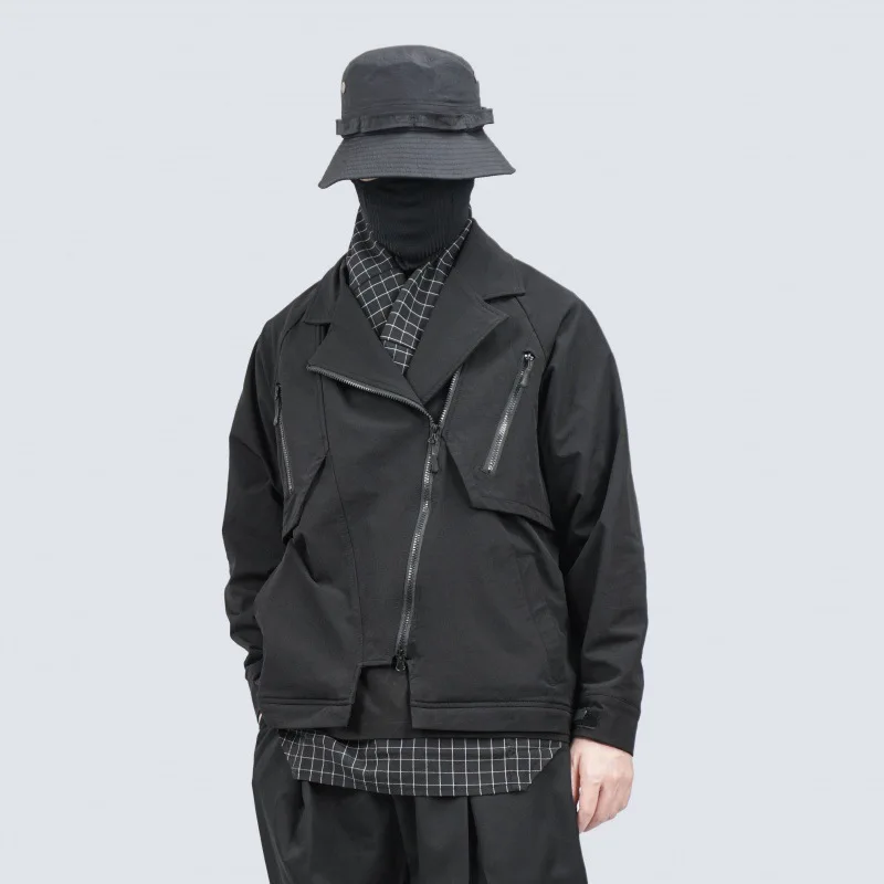 

Spring Autumn Black Cargo Techwear Trench Coats Harakuju Patchwork Casual Outwear Tops For Male Male Windbreak Loose Fit