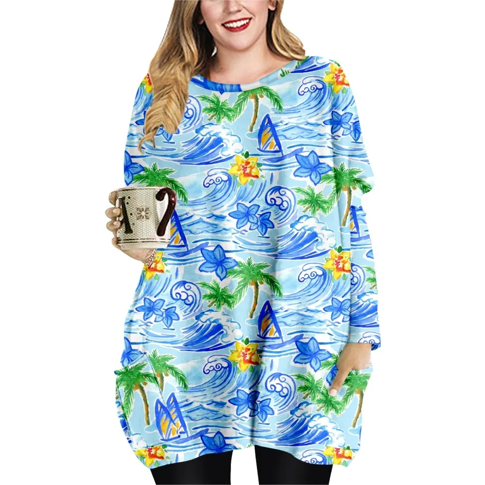 

Женское пляжное платье-футболка с волнистым принтом, свободное Повседневное платье с двойным карманом, круглым вырезом и длинным рукавом, весна-осень 2022