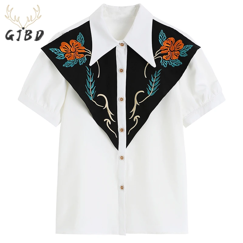 

Women White Shirts Polo Collar Patchwork Embroidery Puff Short Sleeve Casual Fashion Vintage Baggy Ladies Blouse Tops Summer