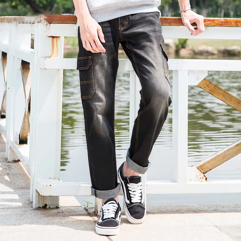 Autumn Winter Multi Pocket Cargo Pants Men's Casual Jeans Straight Loose Baggy Trousers Streetwear Denim Clothing Plus Size 48
