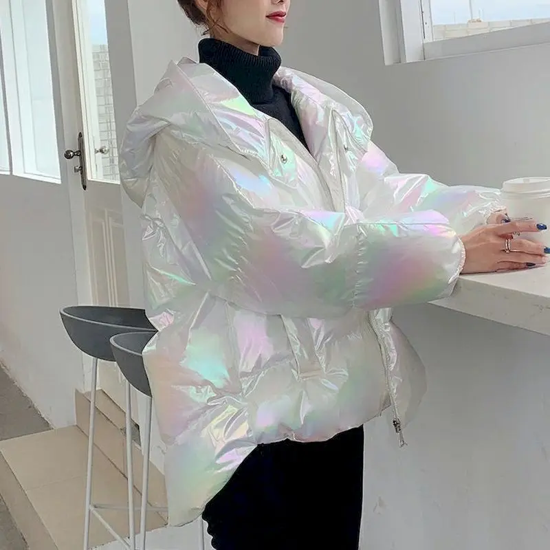 Women's 2021 Winter New Cotton-padded Clothes Wash-free Bright Loose Coat Cotton Jacket Women Short Colorful Hooded Padded Top