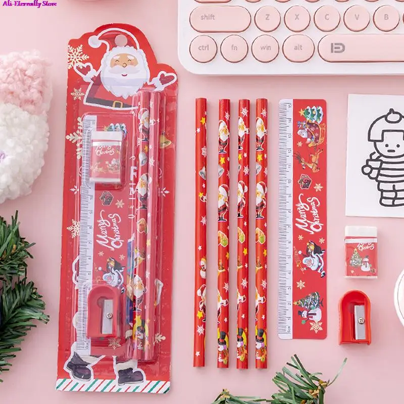 

5Pcs/Set Christmas Set Cartoon Pencil Ruler Eraser Pencil Sharpener New