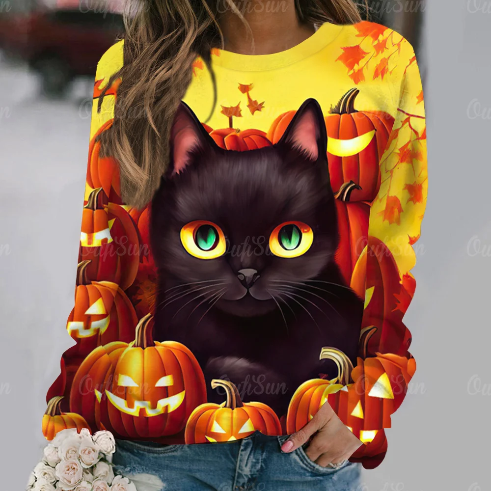 

Свитшот с забавным котом на Хэллоуин для женщин, пуловер с круглым вырезом на осень и зиму, пальто, модная повседневная Уличная одежда, свободная женская одежда
